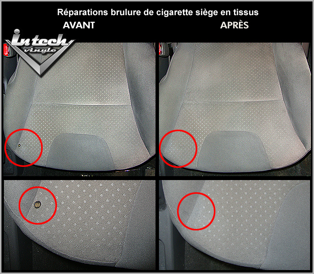 Brûlure de cigarette sur siège en tissus